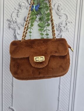Camel Brown Faux Fur  Crossbody or Shoulder Bag  with Gold Adjustable Chain